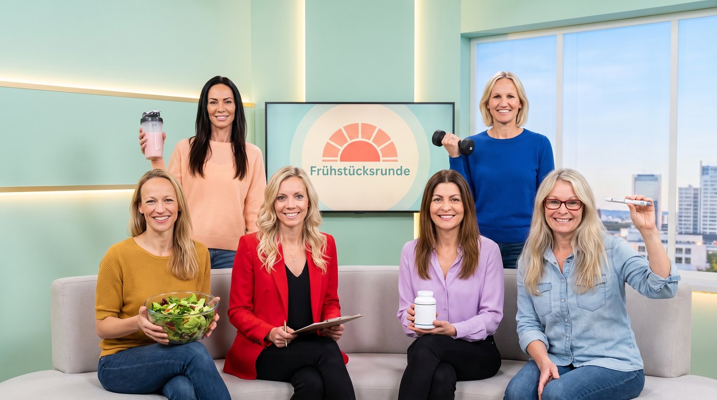 Ernährungsberaterin Katrin Wendt mit fünf Frauen im Studio der Frühstücksrunde, jede hält eine Abnehm-Methode