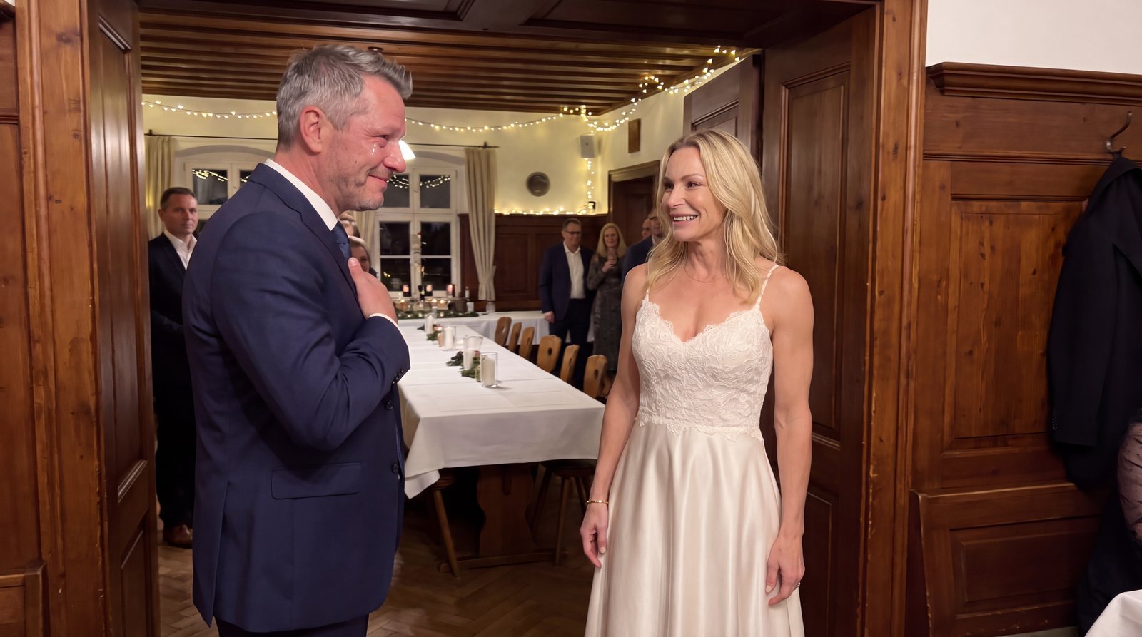 Birgit im Brautkleid in der Tür des Gasthofs, Thomas dreht sich weg