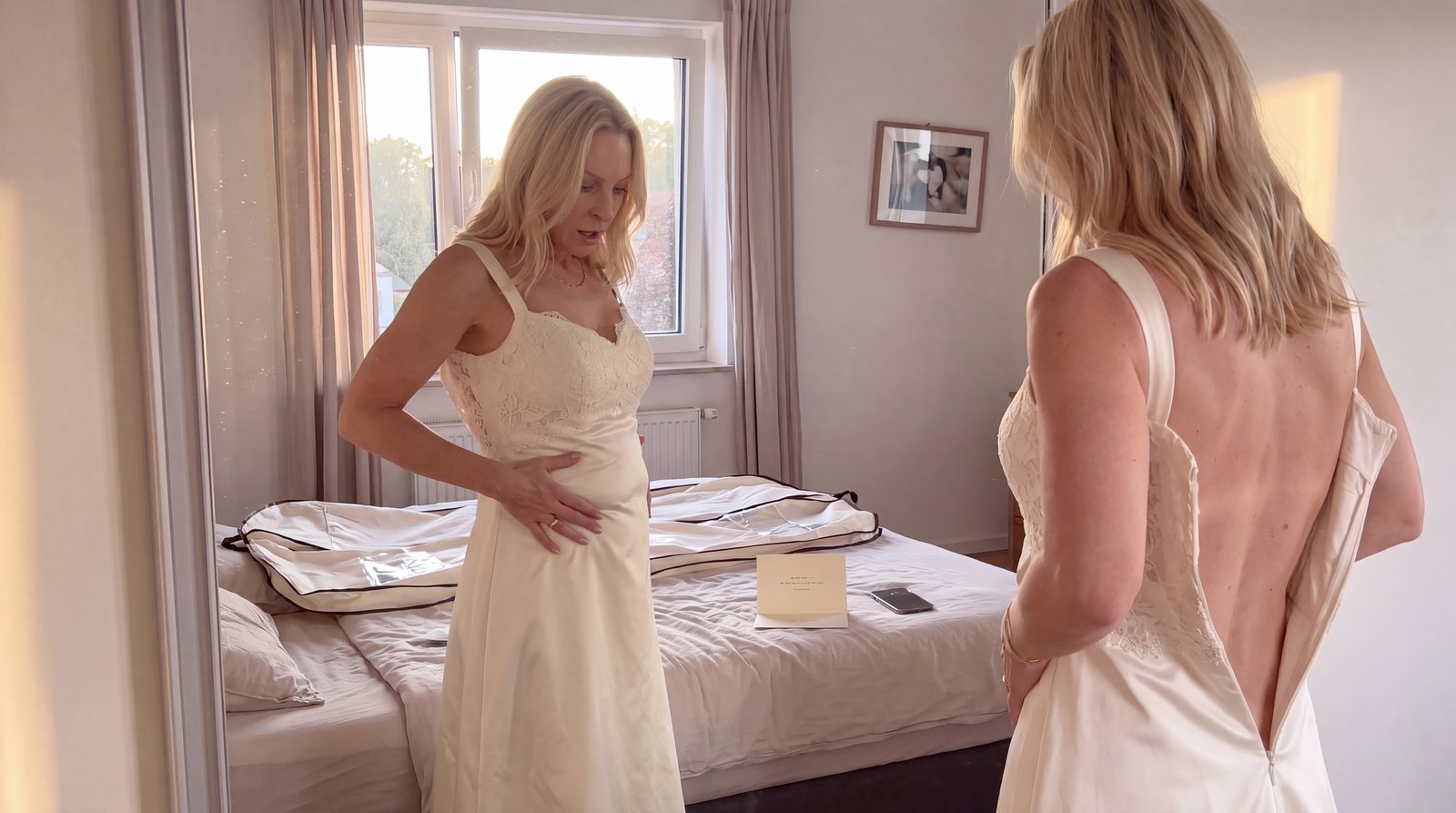 Birgit im Brautkleid vor dem Spiegel, die Hand auf dem Bauch, der Reißverschluss klafft