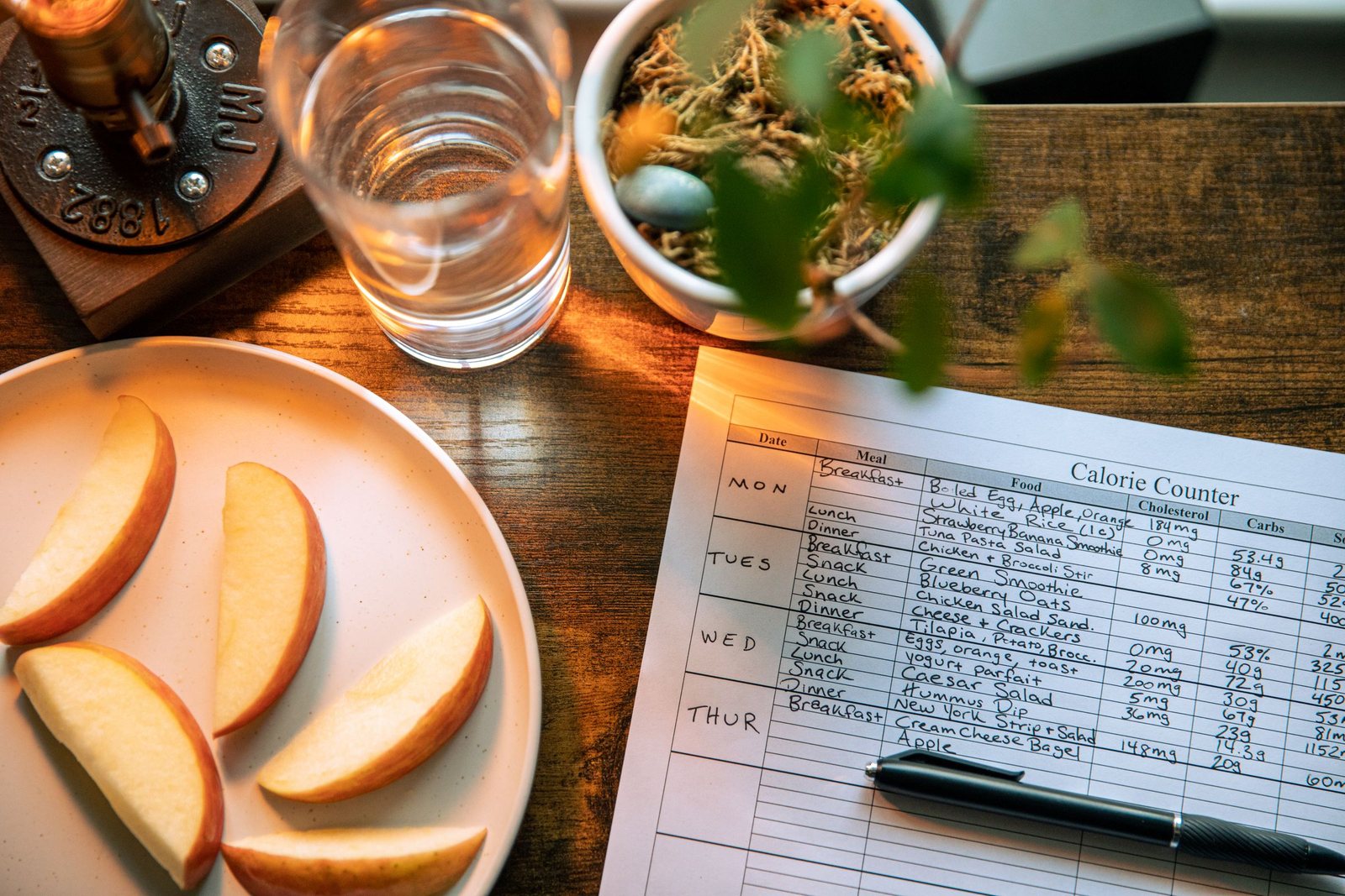 Kalorienzähler-Liste, Apfelscheiben und ein Glas Wasser auf dem Küchentisch