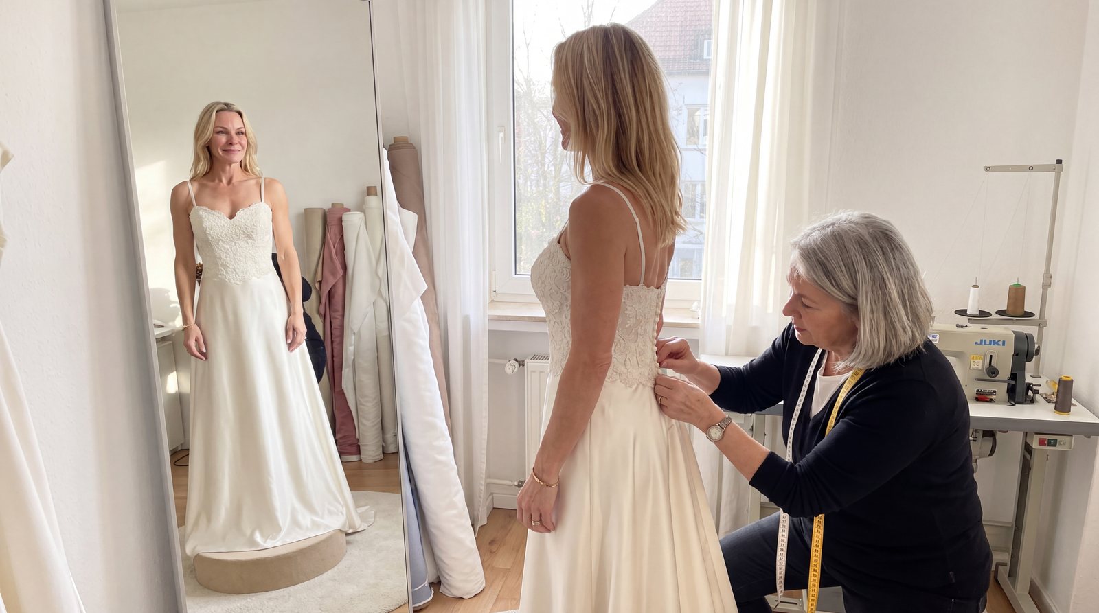 Die Schneiderin steckt das Brautkleid an der Taille ab, Birgit lächelt in den Spiegel